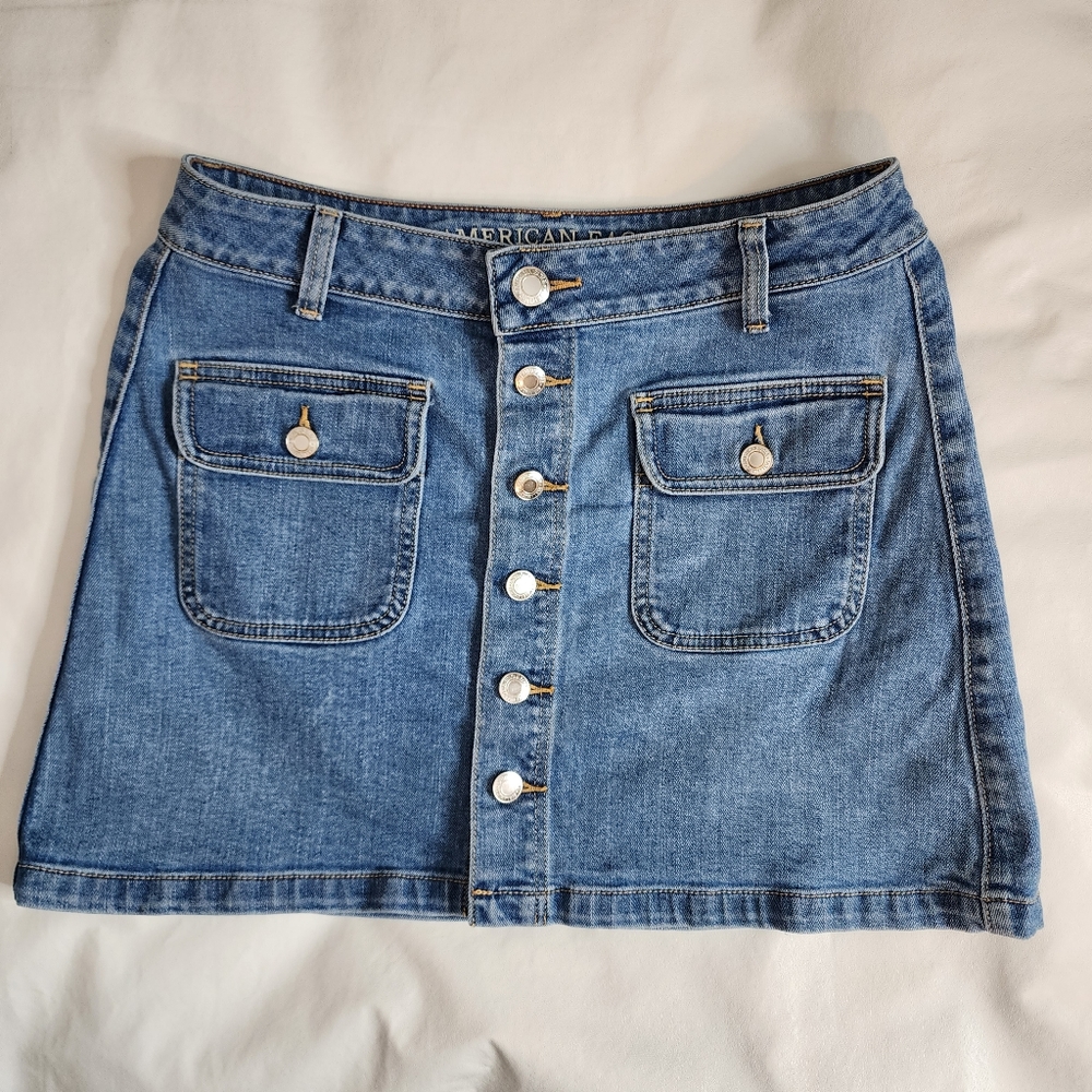 American Eagle Denim Skirt Mini Stretch Blue Jean Button Front Size 6